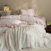 YICKYUE - French Lace Ruffles Princess Wedding Bedding Set Pure Cotton Double Layer Yarn Soft Duvet Cover Flat/Fitted Bed Sheet Pillowcase