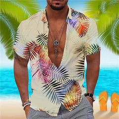 HEARUJOY - Wrinkle-Free New Men'S Shirt Casual Men'S Loose Lapel Coconut Tree Print Short Sleeve Cuffs Button Port Roupas Masculinas