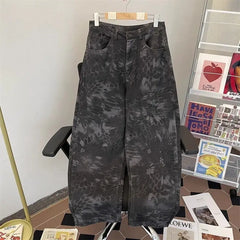 Hearujoy Gothic Punk Snake Pattern Camouflage Wash Baggy Jeans Men and Women Casual Straight Wide Leg Scimitar Pants Harajuku Streetwear