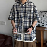 HEARUJOY - New Men's Color-blocking Retro Plaid Shirt Lapel Teenager