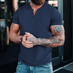 HEARUJOY - Men's European Size 3 Button Henry Round Neck Short Sleeve Slim Solid Color Thin T-shirt