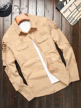 HEARUJOY - Men's Khaki Ripped Long - Sleeve Shirt for Summer, Trendy Street Style