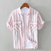 HEARUJOY - Harajuku Cotton Striped Shirt Men Japanese Style Summer Holiday Beach Short Sleeve Shirts for Man Clothing Camisa Masculina