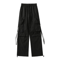 Hearujoy Mens American Street Workwear Style Casual Wide-Leg Pants Genderless Autumn Winter Trendy Velvet Warm Pocket Trousers Unisex