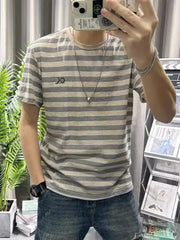 HEARUJOY - Man Tee Shirts O Neck Striped Apricot Cotton Linen T Shirt for Men Short Quarter Sleeve Summer Basic Cheap Clothes Ordinary Top