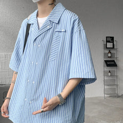 HEARUJOY - Summer White Short Sleeved Shirt Men Society Mens Dress Shirt Korean Loose Casual Blue Stripe Shirt Mens Office Formal Shirts