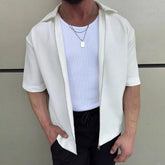 HEARUJOY - Trendy Mens Zip-up Lapel Shirts Vintage Textured Solid Color Short Sleeve Shirt Men Summer New Casual Cardigan Tops Streetwear