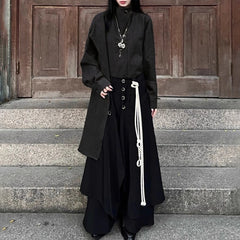 HEARUJOY - Y2k Layered Buttoned Culottes Dark Gothic Style Hakama Genderless Japanese Streetwear Casual Wild Wide-Leg Samurai Pants Unisex
