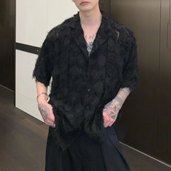Hearujoy Men Shirt Solid Tassel Transparent Lapel Short Sleeve Casual Tops Summer Streetwear Korean Sexy Shirts Fringe LGBT Unisex Blouse