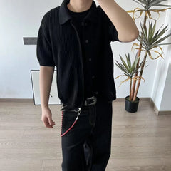 HEARUJOY - Men's Solid Color Hollow Short-Sleeved Shirt American Retro Fashion Trend Leisure Loose Breathable Niche Summer New Men's Tops