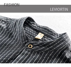 HEARUJOY - Men's Casual Cotton Shirt Short Sleeve Blouse Tops Summer Botton Pinstripe Holiday Shirt Comfortable Handsome Men Henley Shirt