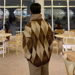 Hearujoy Argyle Sweater Pullover Men's Christmas Grandpa Sweater Korean Casual Vintage Retro Clothes Autumn Streetwear Harajuku