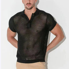 HEARUJOY - Shirt Tops V-lapel Tops Fashion Fashion Streetwear Ribbed Knitted Sexy See Throughm Hollow Out Short Sleeve Shirt