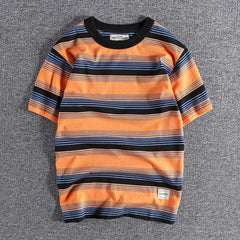 HEARUJOY - Summer Splicing Pure Cotton Stripe Short Sleeve T-shirt Streetwear Amekaji Heavyweight Casual Male Round Neck Tshirt Tops Tee