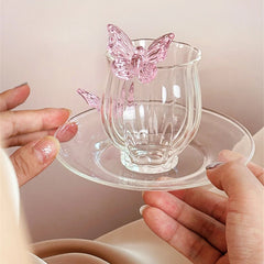 YICKYUE - Coffee Cup and Saucer Set Glass Mug Butterfly Flower Afternoon Tea Set Dessert Plate Gift Elegant Household Drinking Utensils