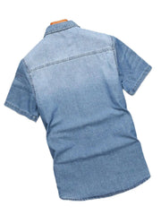 HEARUJOY - Men's summer blue short - sleeved denim shirt with ripped details. The ripped design elements showcase a trendy and casual style