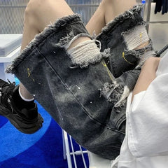 HEARUJOY - Loose Wide Ripped Bermuda Big Size with Pockets Half Long Baggy Oversize Short Jeans Pants for Men Man Denim Shorts Popular Emo