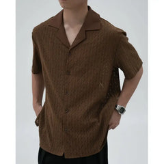 HEARUJOY - Summer Black Short Sleeved Shirt Men Oversized Beige Casual Shirt Streetwear Men Korean Loose Hollow Shirt Mens Hawaiian Shirts