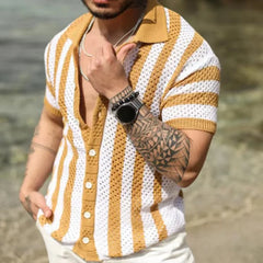 HEARUJOY - Spring Autumn Casual Mens Knitted Shirts Hollow Out Stripe Short Sleeve Lapel Knit Button Cardigans Men Clothes Vintage Tops