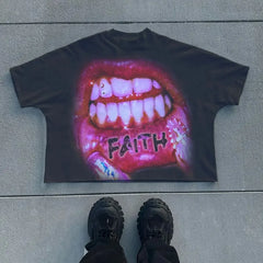 Hearujoy American Trend Hip-hop Flame Red Lip Print T-shirt Women's Summer Loose T-shirt Street Y2K Harajuku Style Couple Short-sleeved