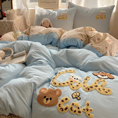YICKYUE - Cute Cat Bear Bedding Set Towel Embroidery Soft Duvet Cover Set Leopard Bed Sheet Pillowcases Twin Queen King Bed Linen sets