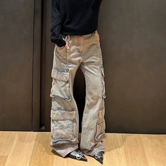 Hearujoy Harajuku Side Multi-pockets Washed Baggy Jeans Pants for Men and Women Straight Vintage Casual Denim Trousers Y2k Loose Cargos