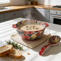 YICKYUE - Ceramics Soup Bowl Delicate Cookware Double Handle Large Capacity Bowl With Spoon Underglaze Color Home Utensils For Kitchen