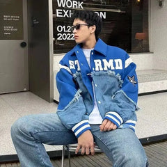 Hearujoy Retro Harajuku Patchwork Y2k Baseball Jean Jacket Casual Loose Couple Coat Hip Hop High Street Denim Jacket Women Streetwear