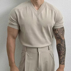 HEARUJOY - Men's Clothing Light Luxury Knit V Neck Short-sleeved T Shirt Solid Color Leisure Korean Popular Streetwear Retro Knitwear M-3XL