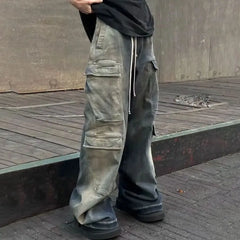 Hearujoy American Fashion High Street Gradient Blue Mopping Flared Multi-Pocket Workwear Jeans 2024 New Casual Harem Mens Clothing