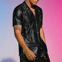HEARUJOY - Male Tops Men Shirt Fashionable Regular Turn-down Collar Disco Stage Shirt Shiny Party Performance Short Sleeve
