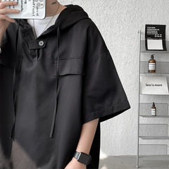 Hearujoy 5 Colors Summer Hooded T shirt Men Korean Half Sleeve Pullover Streetwear Loose T-shirt Tops Drawstring Men Clothing 5XL-M