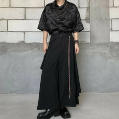 Hearujoy Mens Chinese Style Retro Irregular Layered Culottes Essential Genderless Fashion Trend Double Layer Loose Wide Leg Pants Unisex