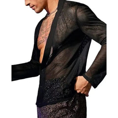 HEARUJOY - New Men's Fashion Transparent Mesh Shirt, V-neck Single-breasted Long-sleeved T-shirt, Cardigan Top