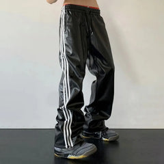 Hearujoy 2024 New Men's Spring Autumn Loose Straight Casual Mopping Sense Wide-leg Sports Pants High Street Style Leather Pants