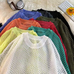HEARUJOY - Hollow Hole Men Women knitted Tshirts High Street Fashion Loose Long Sleeved Top Autumn Sexy Mesh Knit Sweater Pullover Unisex