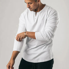 HEARUJOY - Fashion New T-Shirt Mens Elastic Henley Grandad Long Sleeve Pullovers Slim Fit Solid Color Undershirt V Neck Tops