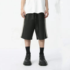 Hearujoy Men's PU Leather Shorts Casual Summer Side White Stripes Fashion Trend Elastic Waist Loose Male Chaparejos 9C5679