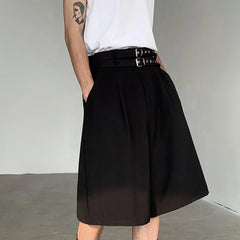 Hearujoy Summer Men's Five-point Shorts Casual Straight Double Belt Design High-waisted Black Male Clothing Wide Leg 9C5517