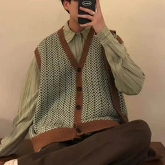 HEARUJOY - Men's Knitted Cardigan Sweater Vest Japanese Retro Fashion Trend Street Casual Loose Simple Breathable Niche New Men's Tops