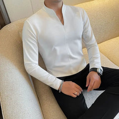 HEARUJOY - New Chinese Solid Color Slim and Simple Men's T-shirt Stand Collar Elastic Casual V-neck T Base Shirt