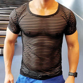 Hearujoy Mens Sexy Mesh See-Through Striped T-Shirt 2024 New Nightclub Fashion Personality Stretch Breathable Home Casual Top For Men