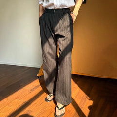YICKYUE - Spring Summer Men Pinstripe Pants High Waist Wide Leg Relaxed Fit Casual Office Trousers