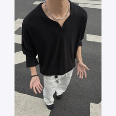 HEARUJOY - Spring Long Sleeved T-shirt Men Oversized Casual V-neck T Shirt Men Streetwear Korean Loose Pleated T Shirt Mens Top M-3XL