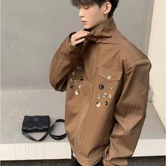 HEARUJOY - Spring Retro Irregular Button Mens Jacket Shoulder Pad Design Trend High Street Coats Motorcycle Fashion Stand Collar Outwear