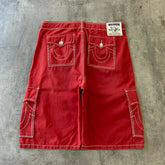 Hearujoy Y2K New Line Embroidered Red Denim Mid Pants American Retro Gothic Jeans Men Street Hip Hop Harajuku Punk Loose Wide Legs Shorts