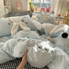 YICKYUE - 3/4Pcs Bedding Set Kawaii Bedding Double Bed Single Bed Linen Cartoon Sets Full Four-Season Bedding Rabbit Full-Size