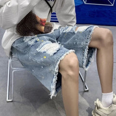 HEARUJOY - Loose Wide Ripped Bermuda Big Size with Pockets Half Long Baggy Oversize Short Jeans Pants for Men Man Denim Shorts Popular Emo
