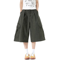 HEARUJOY - Vintage Men's Shorts Fashion Trend Fold Washed Distressed Adjustable Multi-pocket Male Jorts Over Knee Length 9W3516