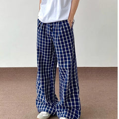 HEARUJOY - Blue Checkered Straight Leg Pants Mens Retro Trendy Loose Couple Casual Trousers Multiple Buckles College Pantalones Hombre
